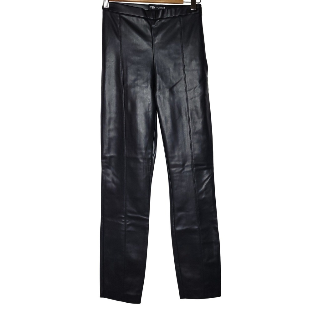 Zara Womens Black Faux Leather High Waisted Straight Leg Pants